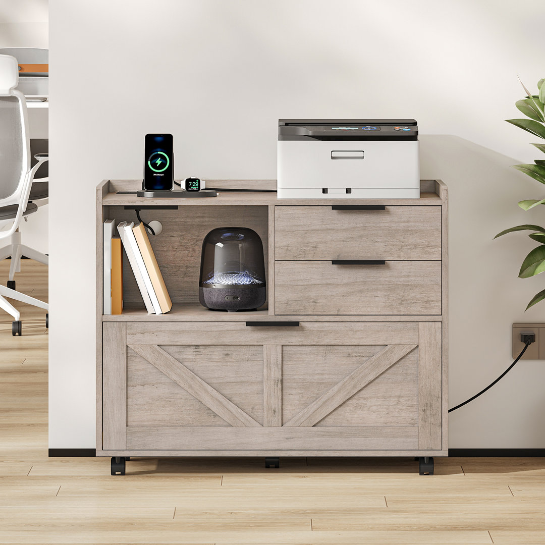 31.5'' Wide Mobile File Cabinet with Storage and Charging Station